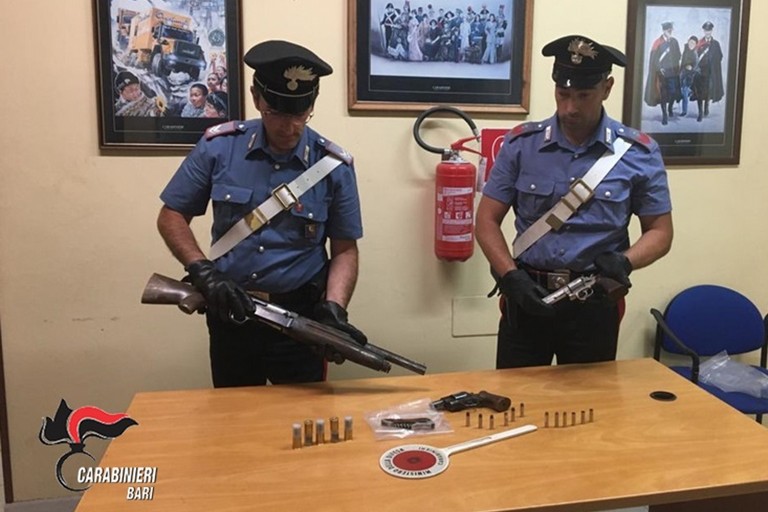 Le pistole e il fucile sequestrati dai Carabinieri